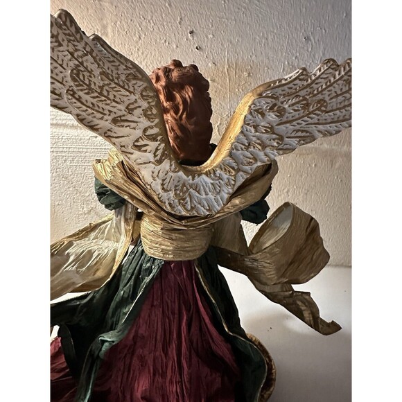 Vintage  Cartapesta Style 12” Gold Burgundy Green Angel Tree Topper Paper Mache - Picture 4 of 6
